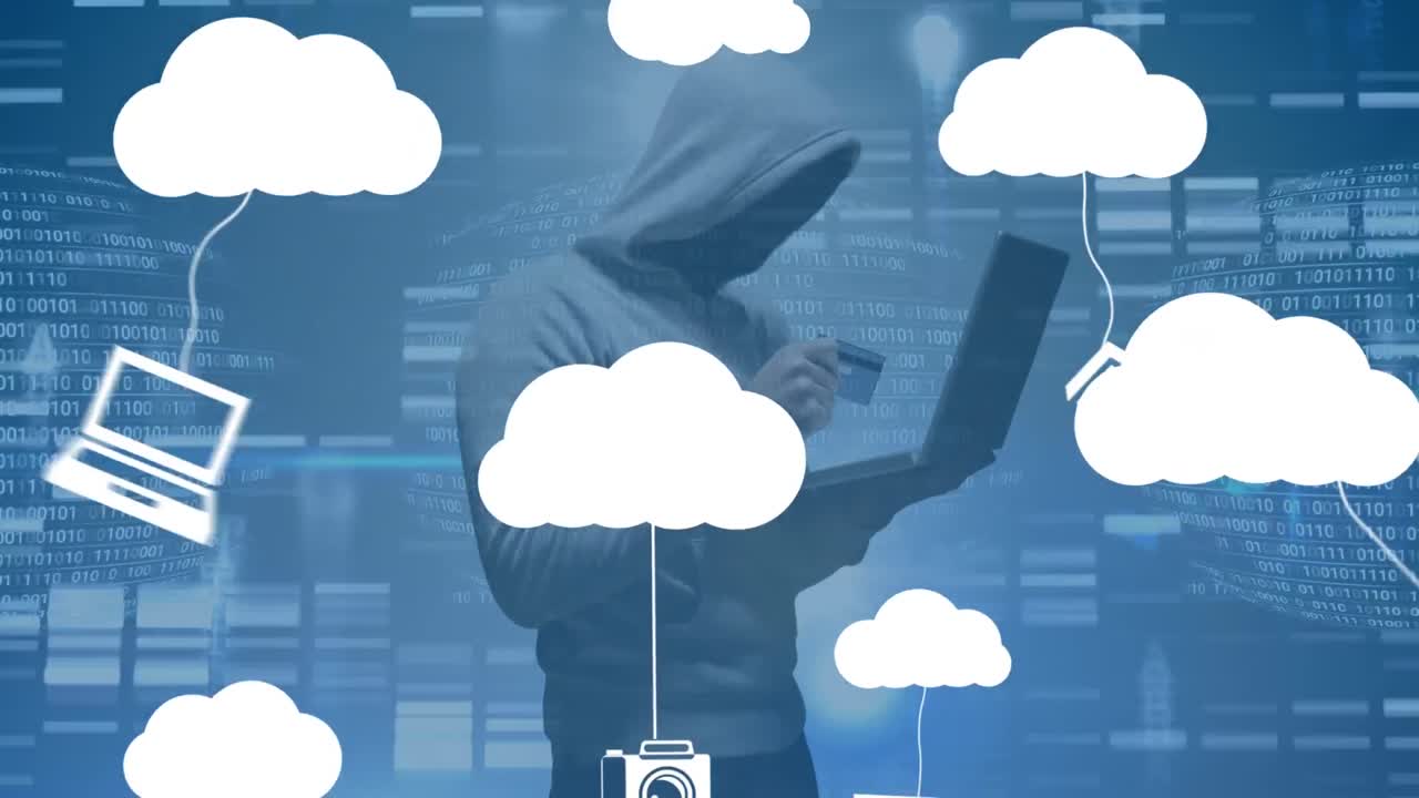 animación de nubes con iconos sobre hacker usando computadora portátil y columnas móviles