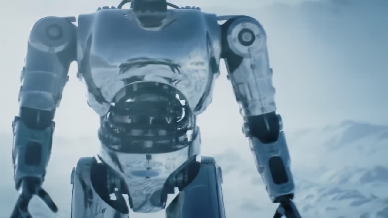 A sleek robotic figure stands against a breathtaking icy backdrop at dawn. The machine appears ready for exploration in this otherworldly setting, showcasing advanced technology and design.