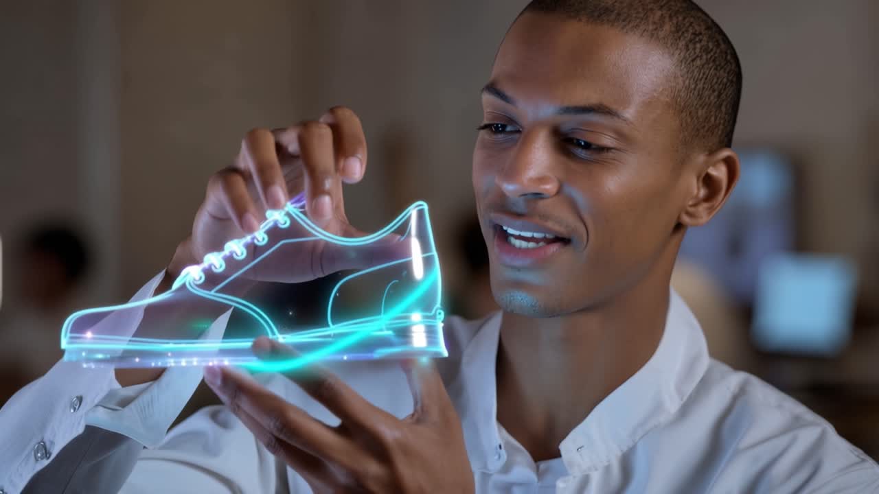 Un homme tient une chaussure lumineuse avec émerveillement. La lumière palpite doucement à travers le matériau transparent. Il l'examine de près, fasciné par son design. Idéal pour les concepts de technologie futuriste ou d'innovation