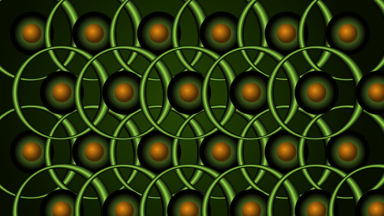 círculos verdes con una pequeña esfera amarilla en el fondo central en video 4k.