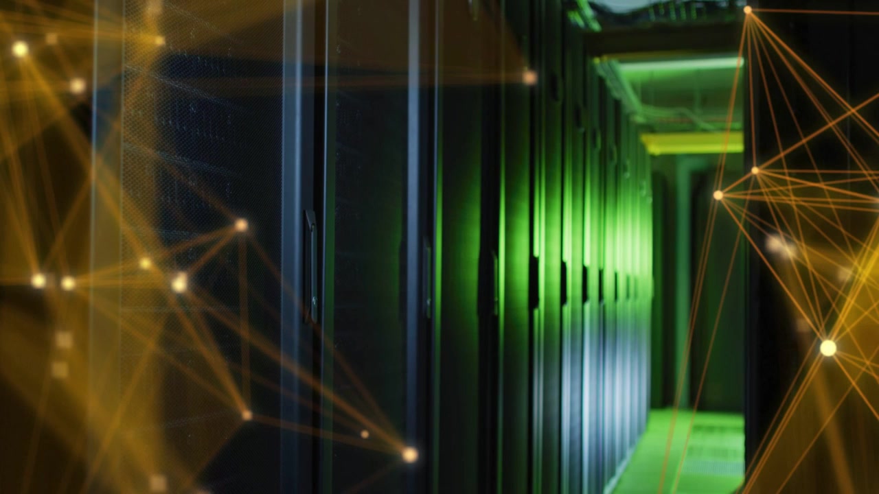 System scan starting left, golden mesh expanding across data center racks, showing data links