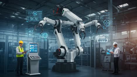 advanced robotics in manufacturing: a state-of-the-art industrial setup featuring a collaborative robot interacting with human operators and virtual interfaces