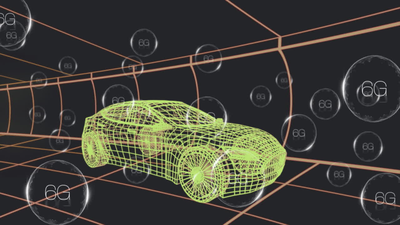 Neon green wireframe car floating inside dark 3D simulation, with orange grid tunnel and 6G spheres