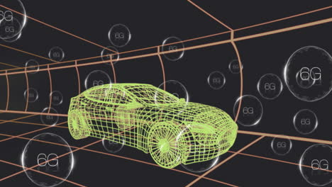 neon green wireframe car floating inside dark 3d simulation, with orange grid tunnel and 6g spheres