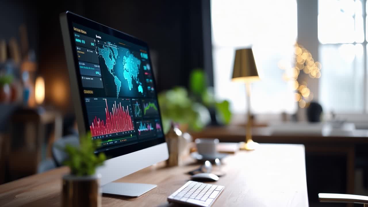 A modern workstation featuring a sleek computer monitor showcasing complex data visualizations, charts, and global analytics in a stylish interior environment