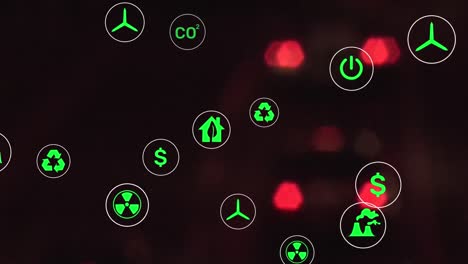 Animation-Eines-Nachhaltigen-Symbols-In-Kreisen-über-Der-Hochwinkelansicht-Fahrender-Fahrzeuge-Auf-Der-Straße-In-Der-Stadt