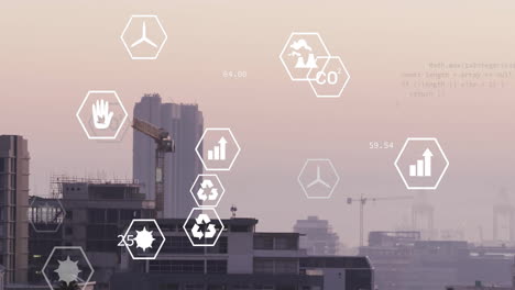 animation of network of eco icons over cityscape