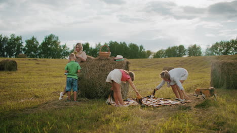 multigenerational family preparing picnic in scenic countryside field as mother and daughter spread checkered blanket, child stands near hay bale, woman holds basket, dog explores grassy area