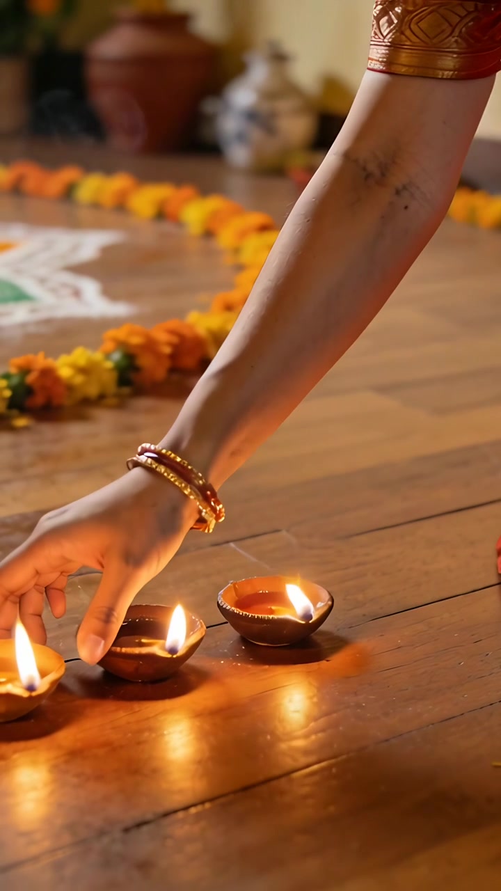 Video verticale: Mano con braccialetti d'oro che entra e allinea tre diya su un rangoli per la puja, spazio per il testo.
