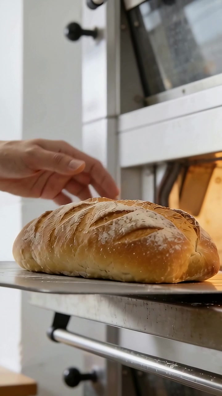 Vertical video: Pulling baker's bare hand sliding peel under loaf at bakery as oven glow to cool