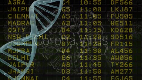 Estructura-De-Adn-Girando-Y-Células-Covid-19-Contra-El-Tablero-De-Información-Del-Aeropuerto-Sobre-Fondo-Negro