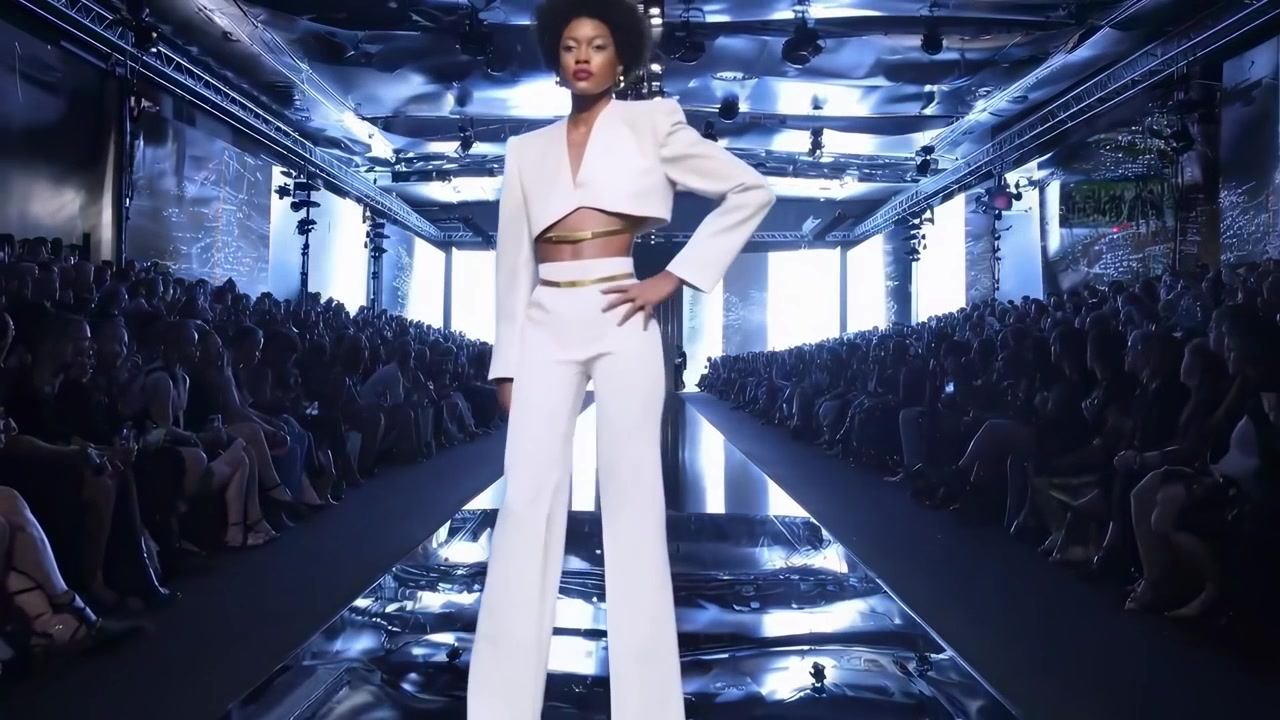 Modemodel går på catwalk i hvidt jakkesæt
