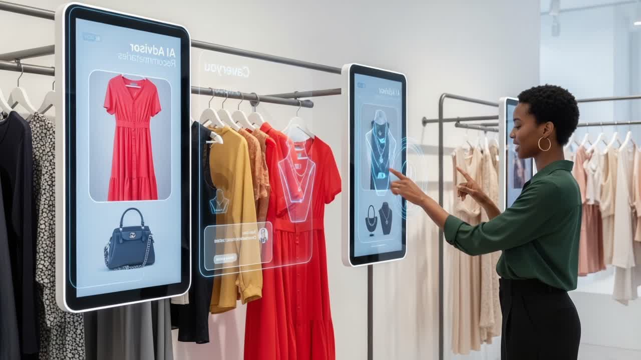 Innovative Shopping Experience: A Modern Retailer Combines Fashion with Technology Using Interactive Displays to Enhance Customer Engagement and Shopping Efficiency