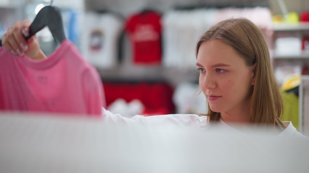 Young woman carefully focusing on pink cloth while shopping in a retail store, with a blurred colorful background featuring various clothing items and accessories