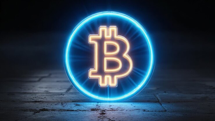 Rappresentazione illuminata del simbolo di criptovaluta in un cerchio blu neon, che evidenzia l'ascesa e la popolarità della finanza digitale nell'economia moderna