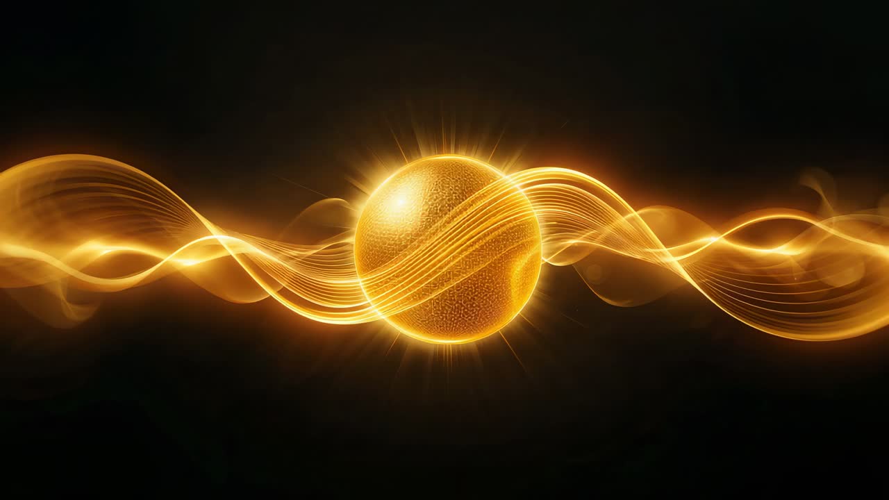 Glowing golden sphere pulsing as paired ribbons nearing and weaving across dark void emitting halo