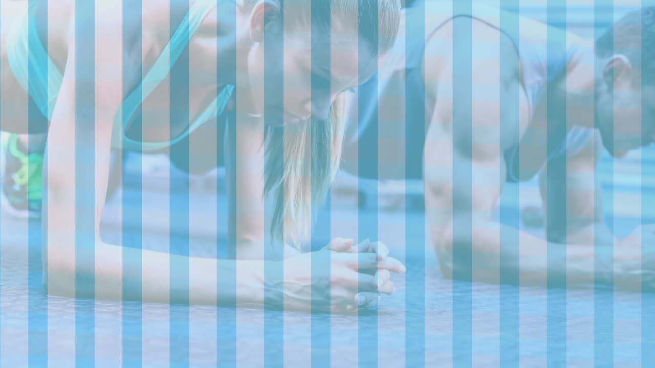 운동하는 남자와 여자 위에 파란 줄무의 애니메이션