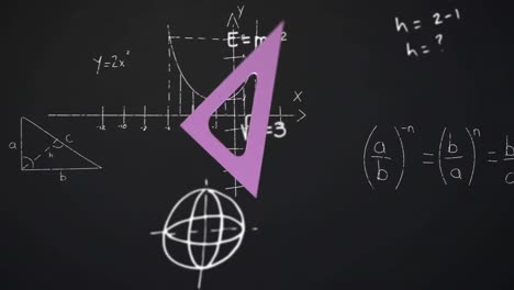 animación de una regla púrpura que gira sobre ecuaciones matemáticas sobre un fondo negro