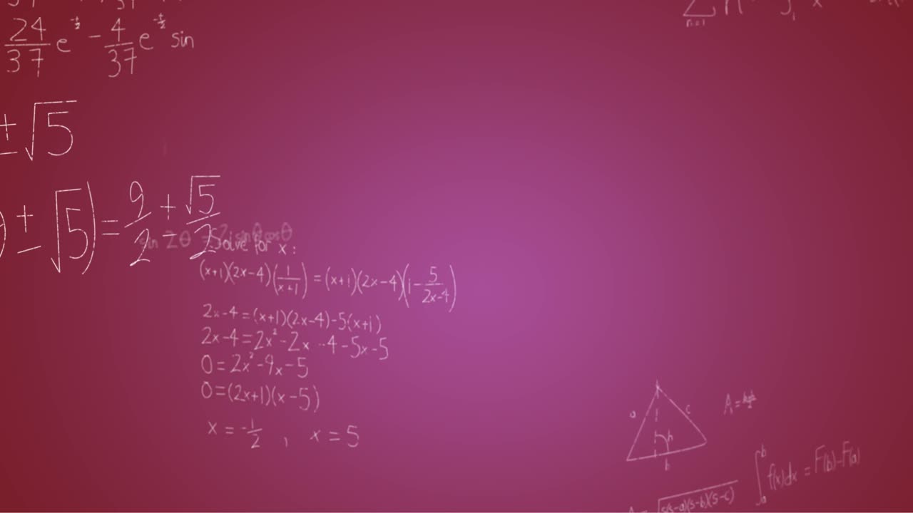 Animation of handwritten mathematical formulae over purple background