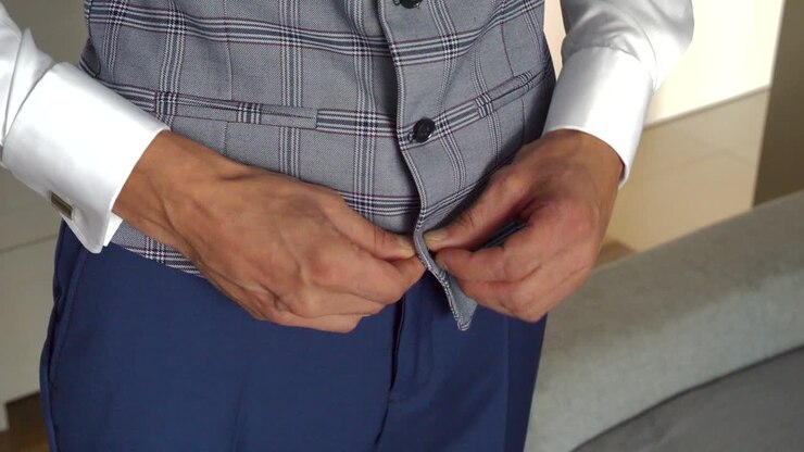 Un uomo che si abbottona un gilet a quadri grigio.