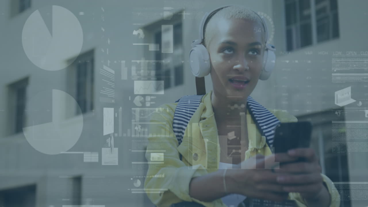 Animation of graphs, trading board over short hair biracial woman listening music wearing headphones