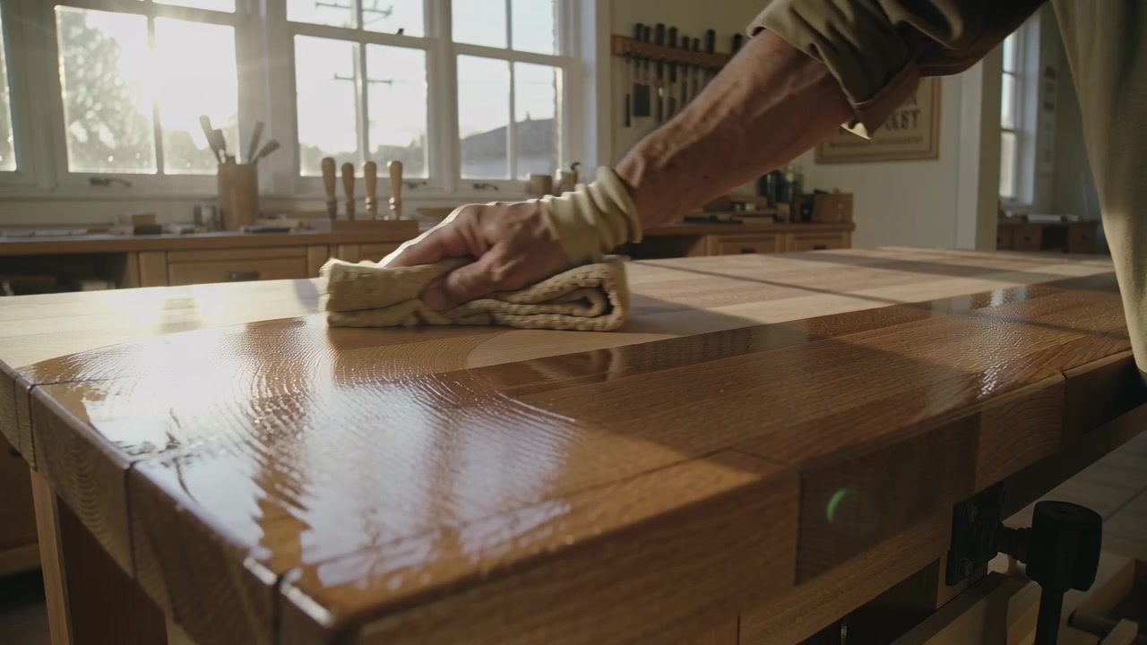 Wiping carpenter's hand pressing folded cloth across shop bench, leveling clear finish