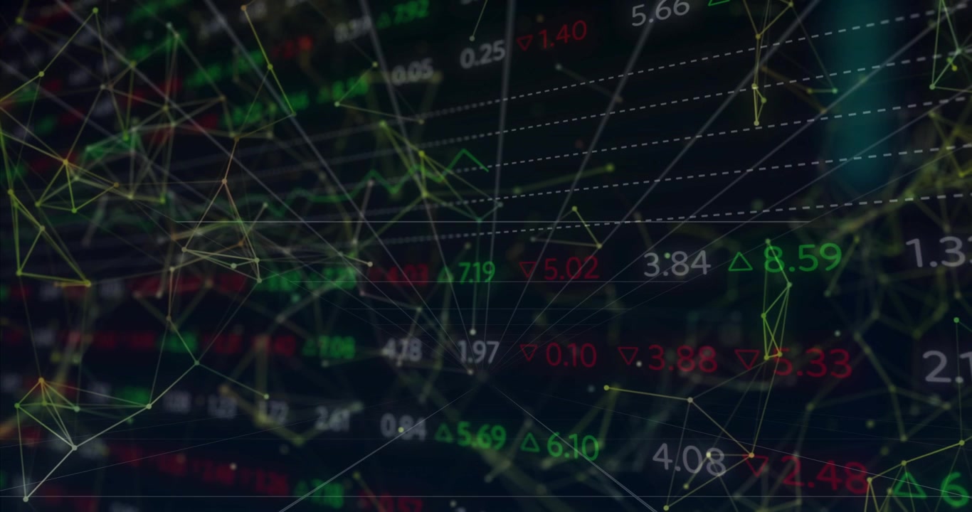 Video verticale: visualizzazione di dati finanziari che reagisce al flusso di mercato in tempo reale, enfatizzando i ticker e una rete pulsante.