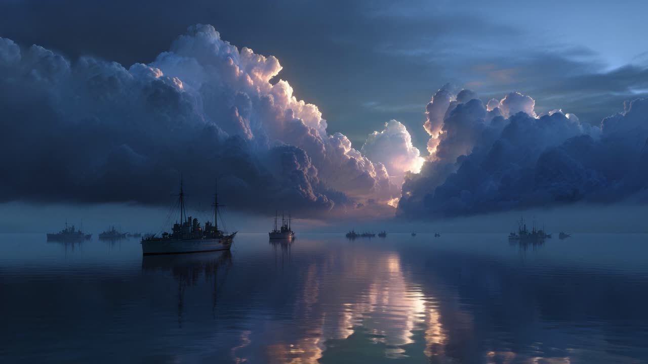 Nuvole temporalesche scure incombono su un mare calmo al crepuscolo. Diverse barche riposano pacificamente in acque tranquille che riflettono il cielo. La nebbia scivola dolcemente sulla superficie aggiungendo mistero. La scena evoca serenità prima della tempesta.