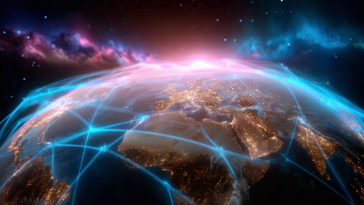 A Stunning Visual Representation of Earth from Space, Highlighting the Intricate Network of Global Connectivity Illuminated by Bright Stars and Swirling Cosmic Colors