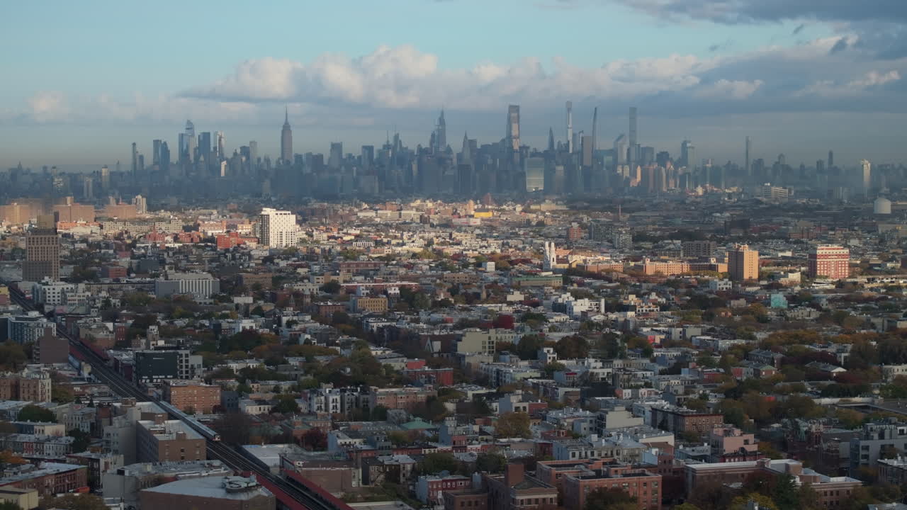 Aerial view of the New York City skyline at sunrise