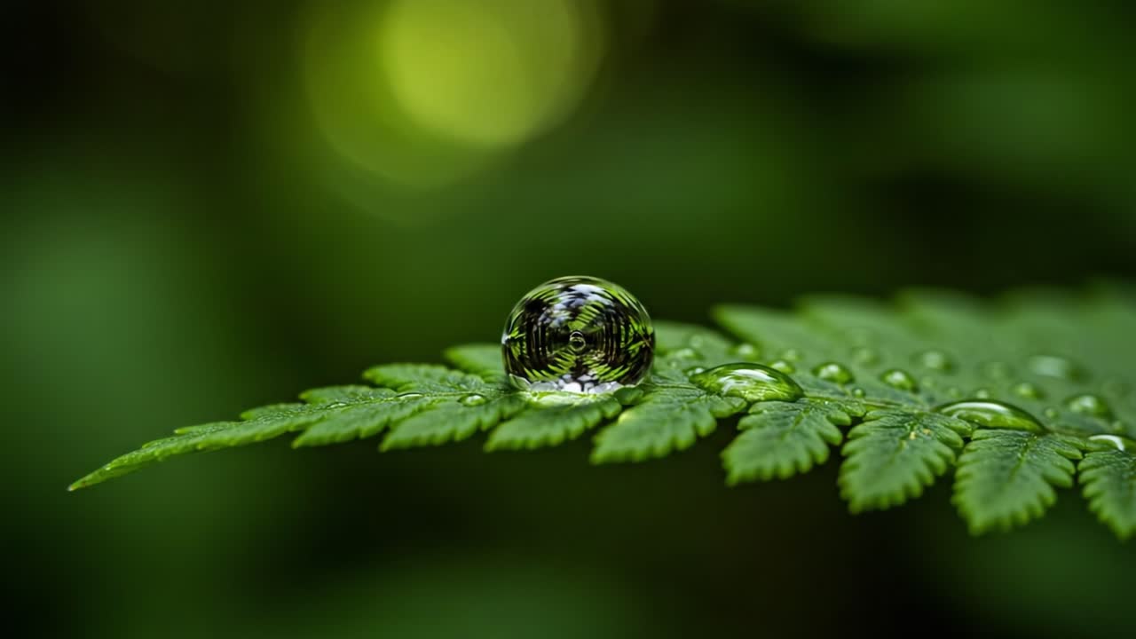 Reflective Water Droplet on Leaf: A Close-Up Study of Nature's Beauty and Intricate Details in Greenery