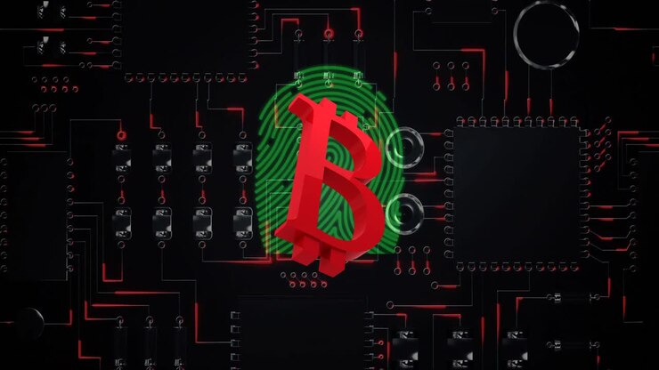 Simbolo di Bitcoin rosso con impronta digitale lampeggiante su scheda madre di computer.
