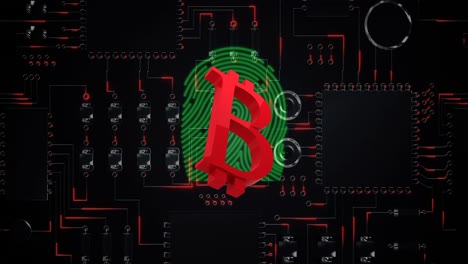 el símbolo rojo de bitcoin con huella digital parpadeando sobre la placa de circuitos de la computadora.