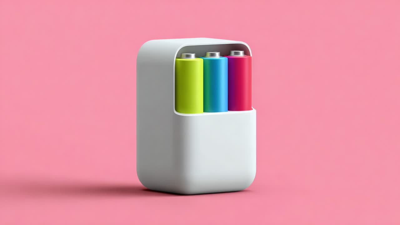 A vibrant display of rechargeable batteries in a sleek white charger, showcasing an eye-catching design against a playful pink background that enhances their dynamic colors