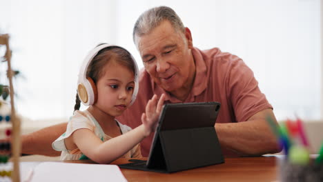 tablet, homework and girl with grandfather