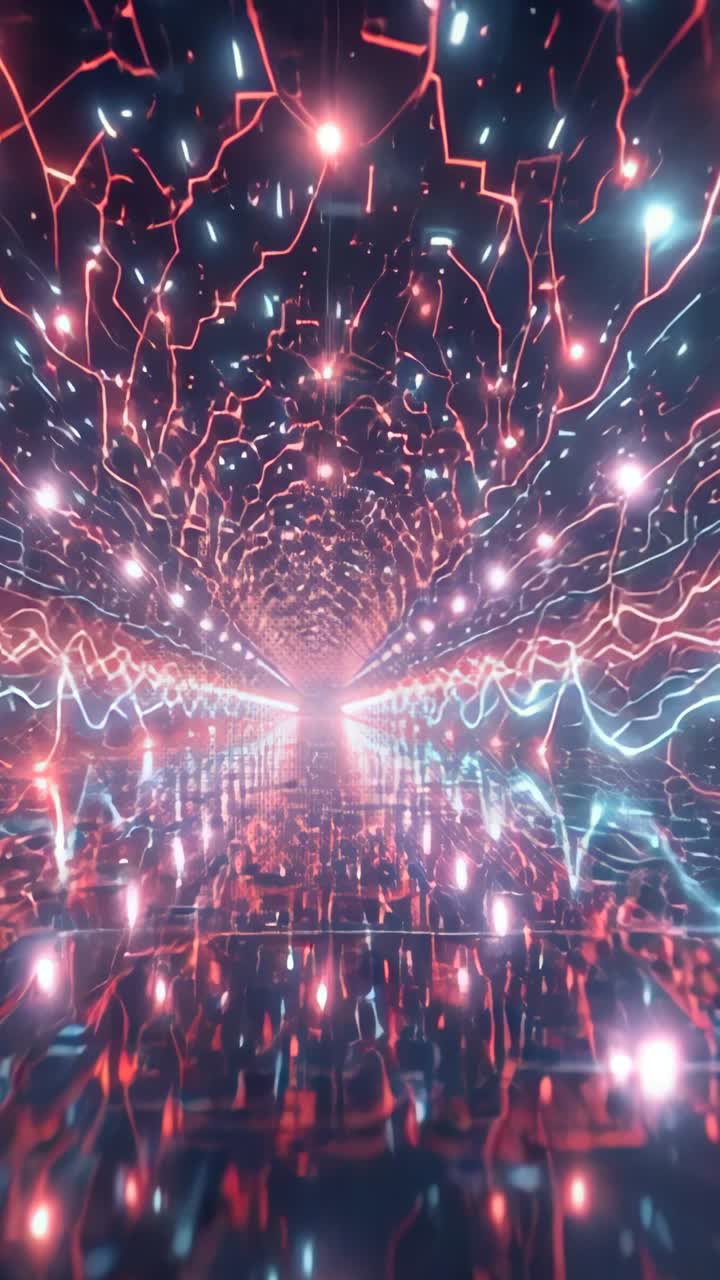 Vertical video: Start camera gliding through neon tunnel pulsing lines nodes mirror floor