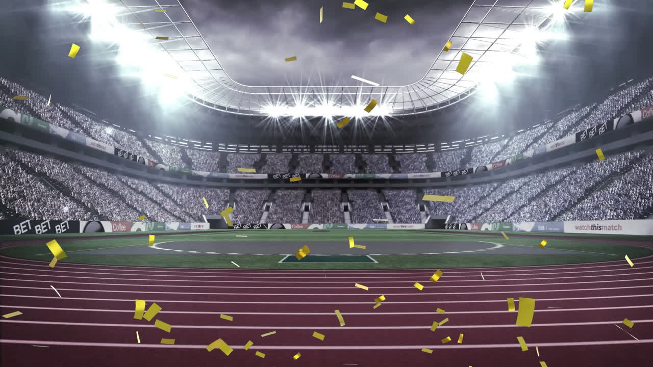 animación de confeti cayendo sobre el estadio deportivo