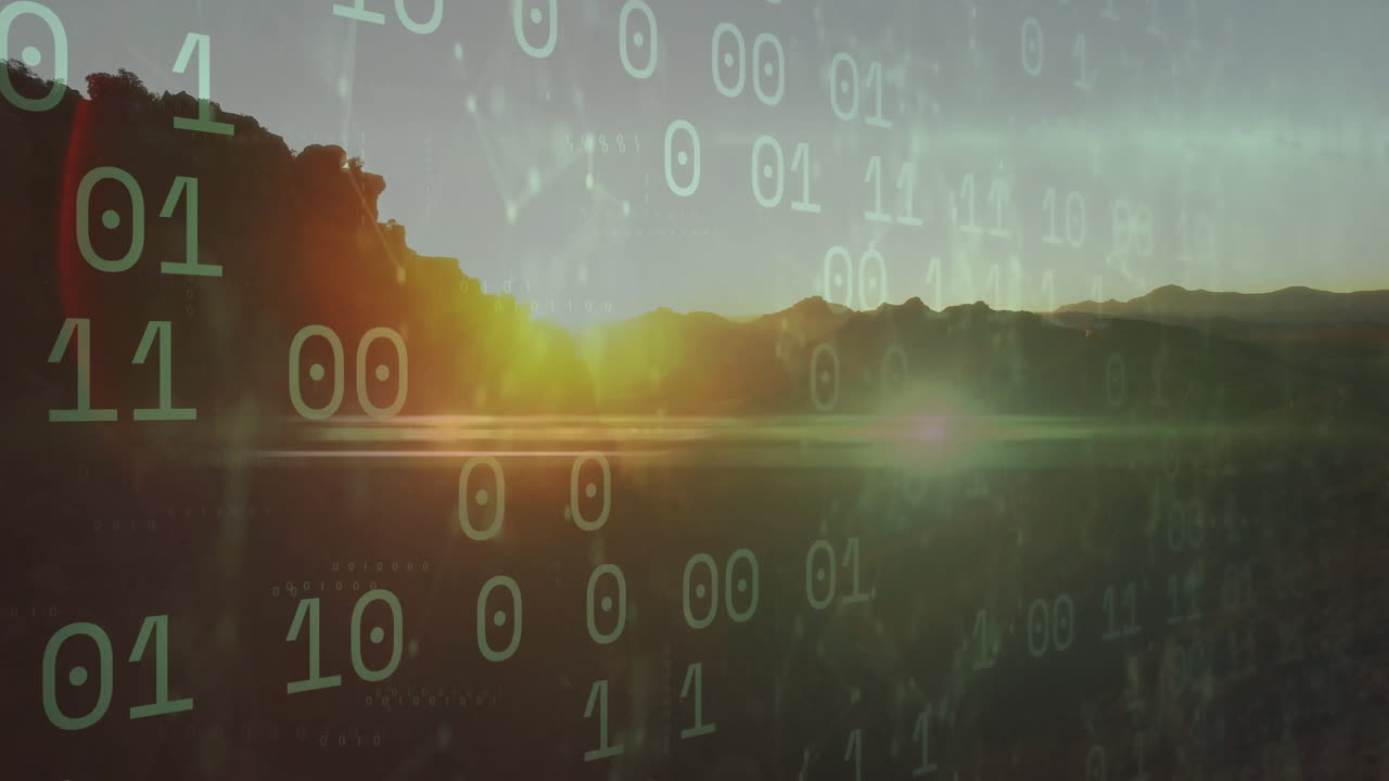 Binary code animation over scenic landscape with mountains and sunset