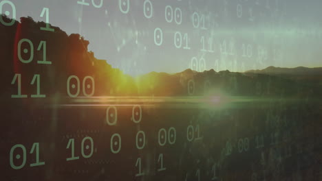 Binary code animation over scenic landscape with mountains and sunset