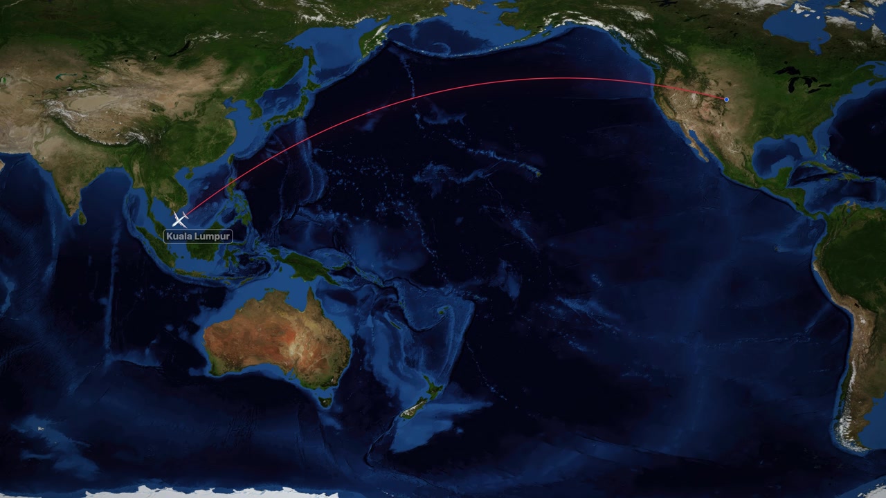 Animated red line shows airplane flight route from Denver to Kuala Lumpur on map.