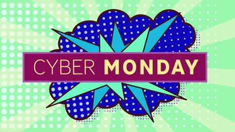 Animación-Del-Texto-Del-Cyber-Monday-Sobre-Un-Bocadillo-De-Diálogo-Retro-Sobre-Fondo-Radial-Verde.