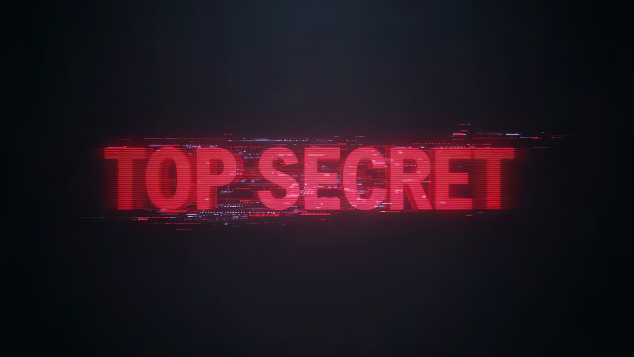 Glitching red TOP SECRET title flashing on dark stage after scanline, implying secrecy via static