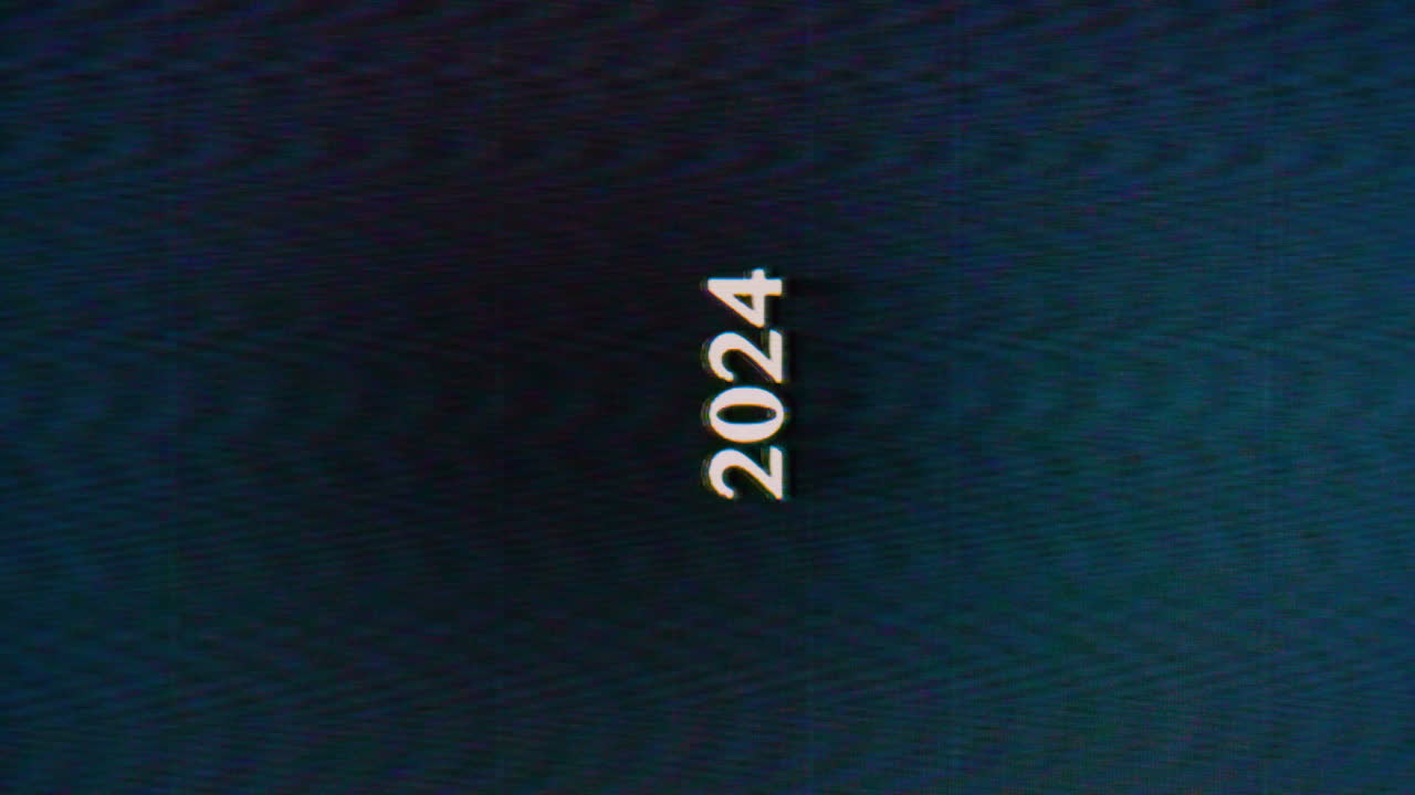 los números verticales de 2024 se interrumpen con rayas de polvo de grano blanco que pasan sobre los colores analógicos púrpuras