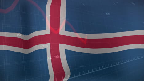 iceland flag with stock market data and financial animation in background