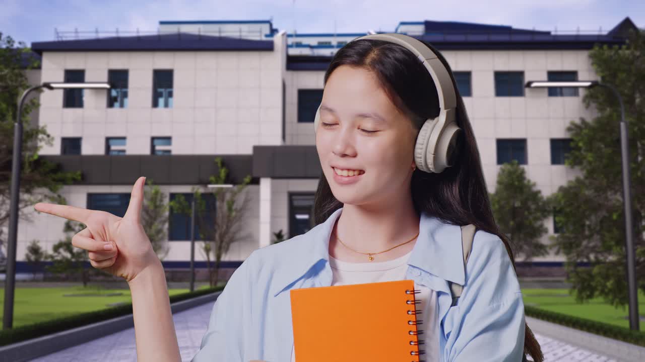 학교 건물 앞에 서서 미소 짓고 을 가리키는 책과 배을 들고 있는 아시아 십대 소녀 학생의 근접 사진