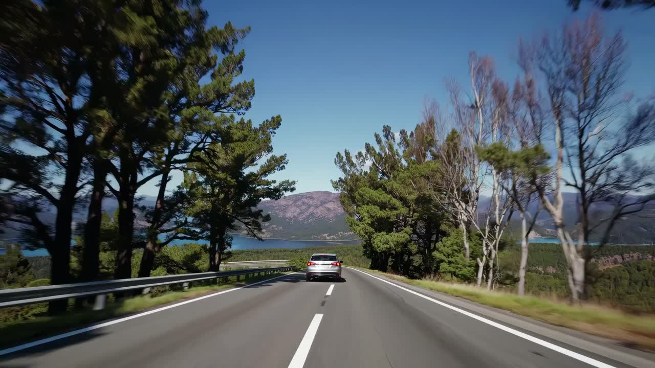 Ripresa video dinamica da un angolo posteriore che cattura un'auto che guida attraverso una strada panoramica alberata