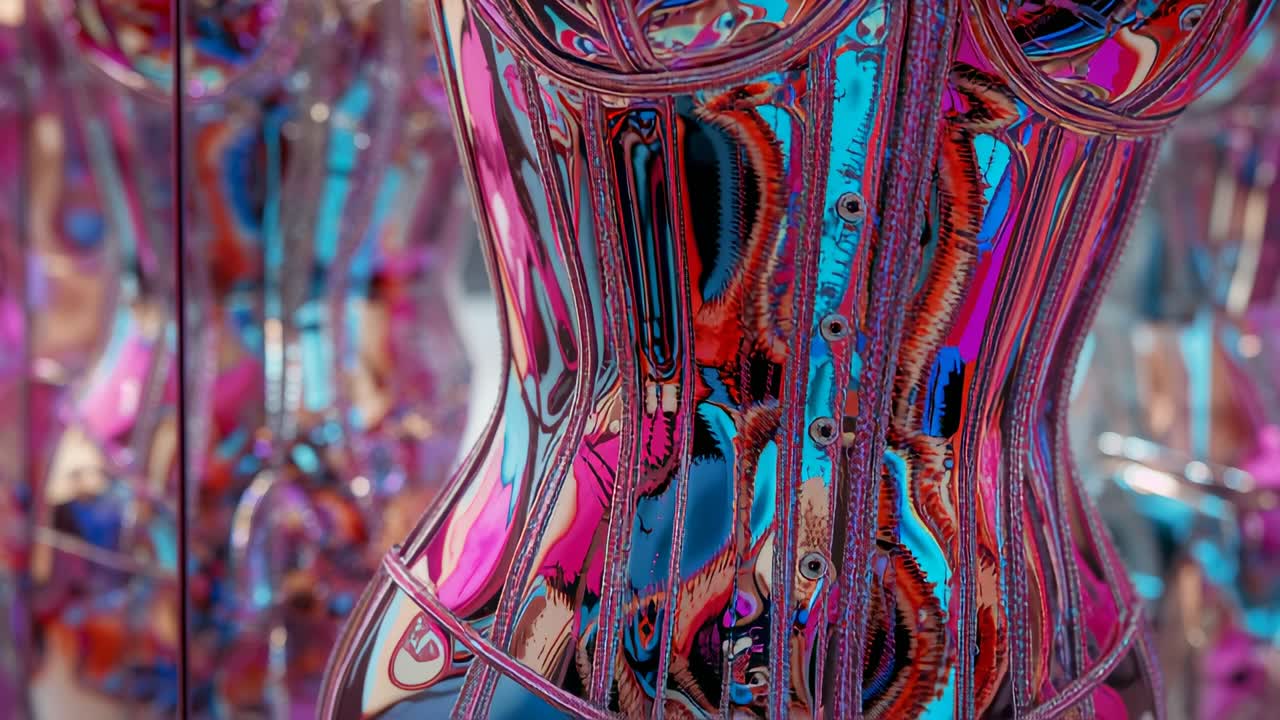 Rotating chrome torso sculpture revealing wires and bolts in mirrored studio, showing vivid hues
