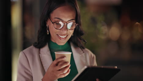 Woman,-tablet-and-work-at-night-for-reading