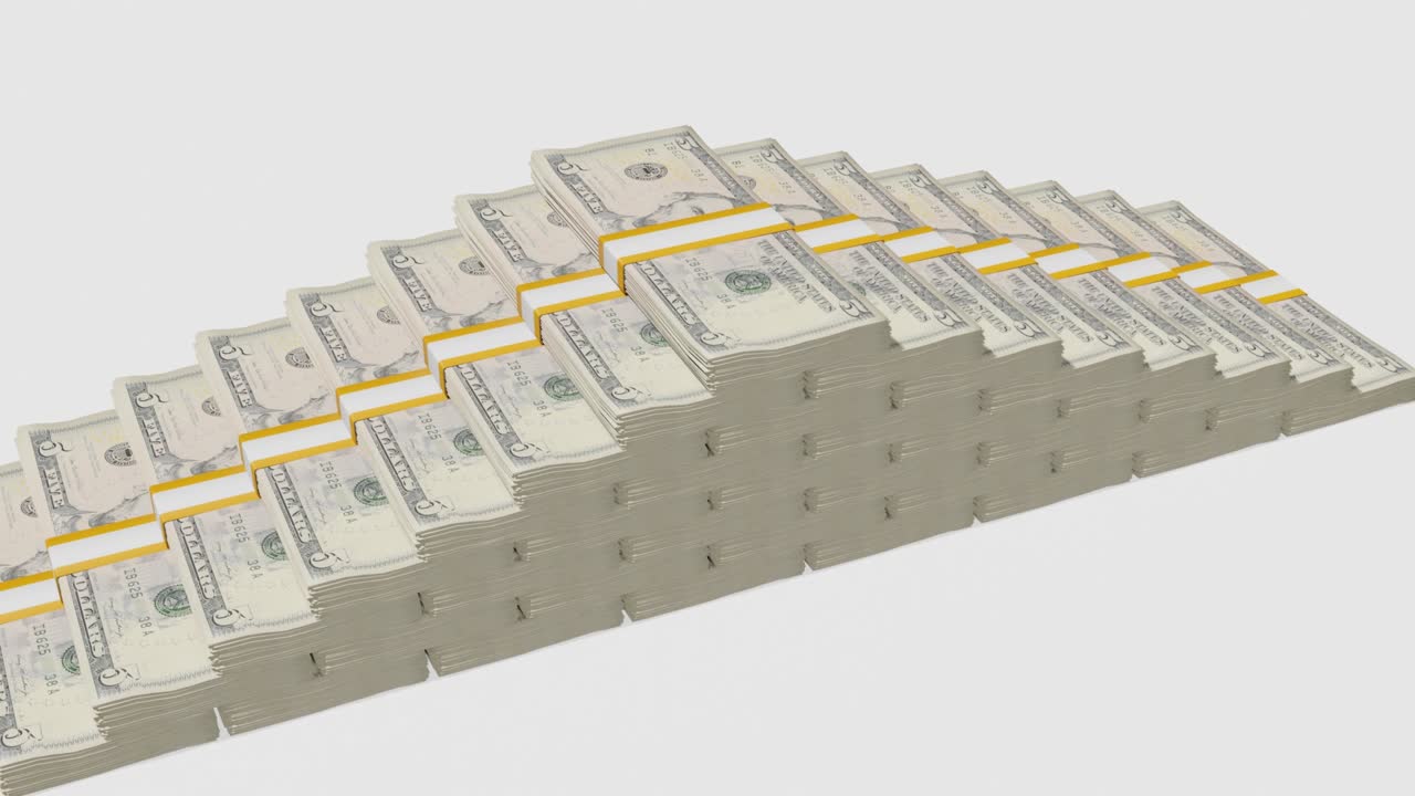 Many wads of money. 5 US dollar banknotes. Stacks of money.