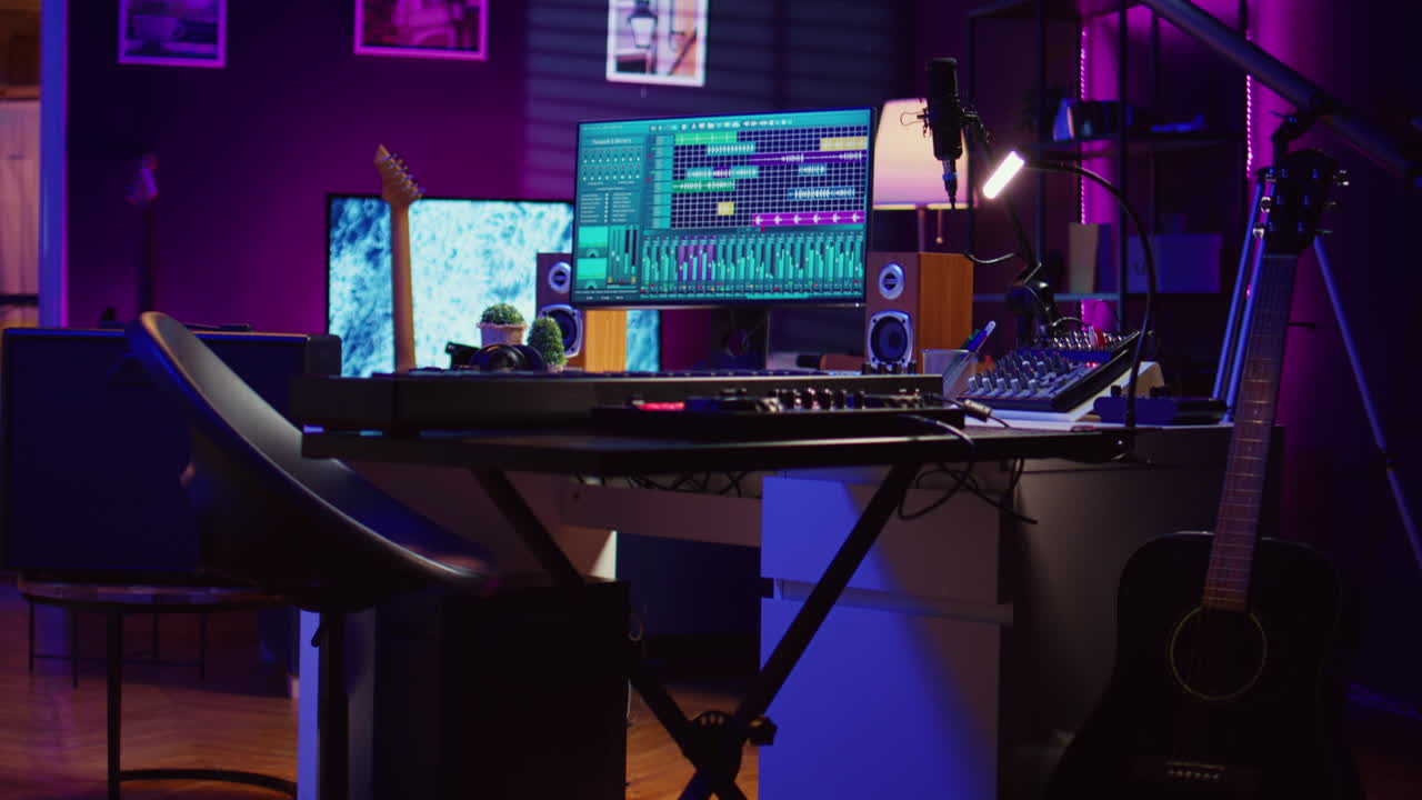 Empty home studio equipped with mixing console and soundboard